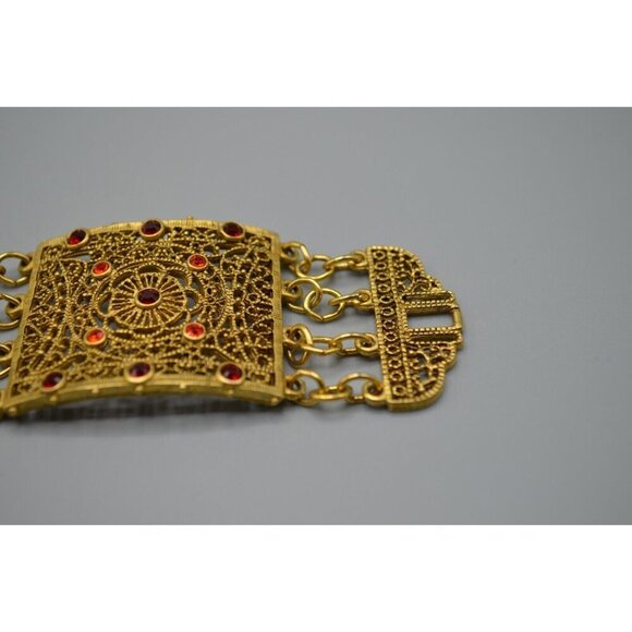 Filigree Panel Bracelet Gold Tone Red Stone Accents 8" Ornate Wide - Picture 7 of 12